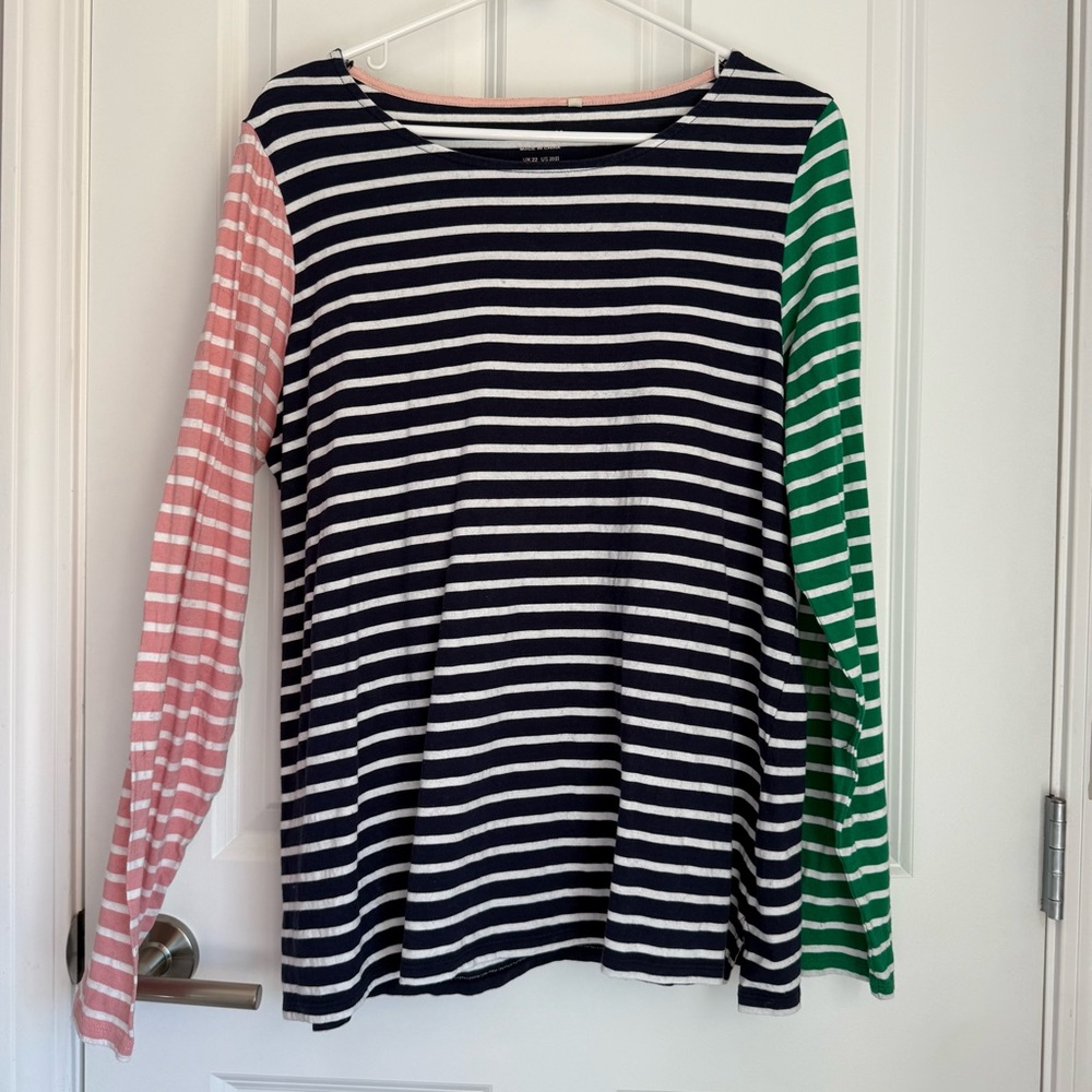 Boden Navy and Cream Striped Top With Pink and Green Sleeves. Used. Size 20/22